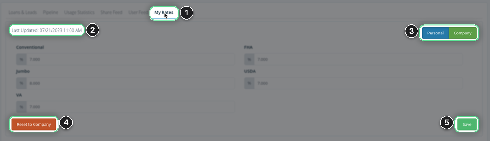 The My Rates tab on the Dashboard, showing the Last Updated date, the Personal and Company toggle, and the Reset to Company and Save buttons
