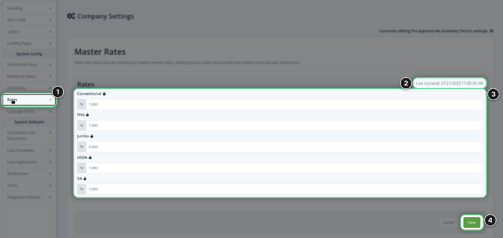 The Master Rates page under System Config, showing the Last Updated date, a rate field for each loan type, and the Save button
