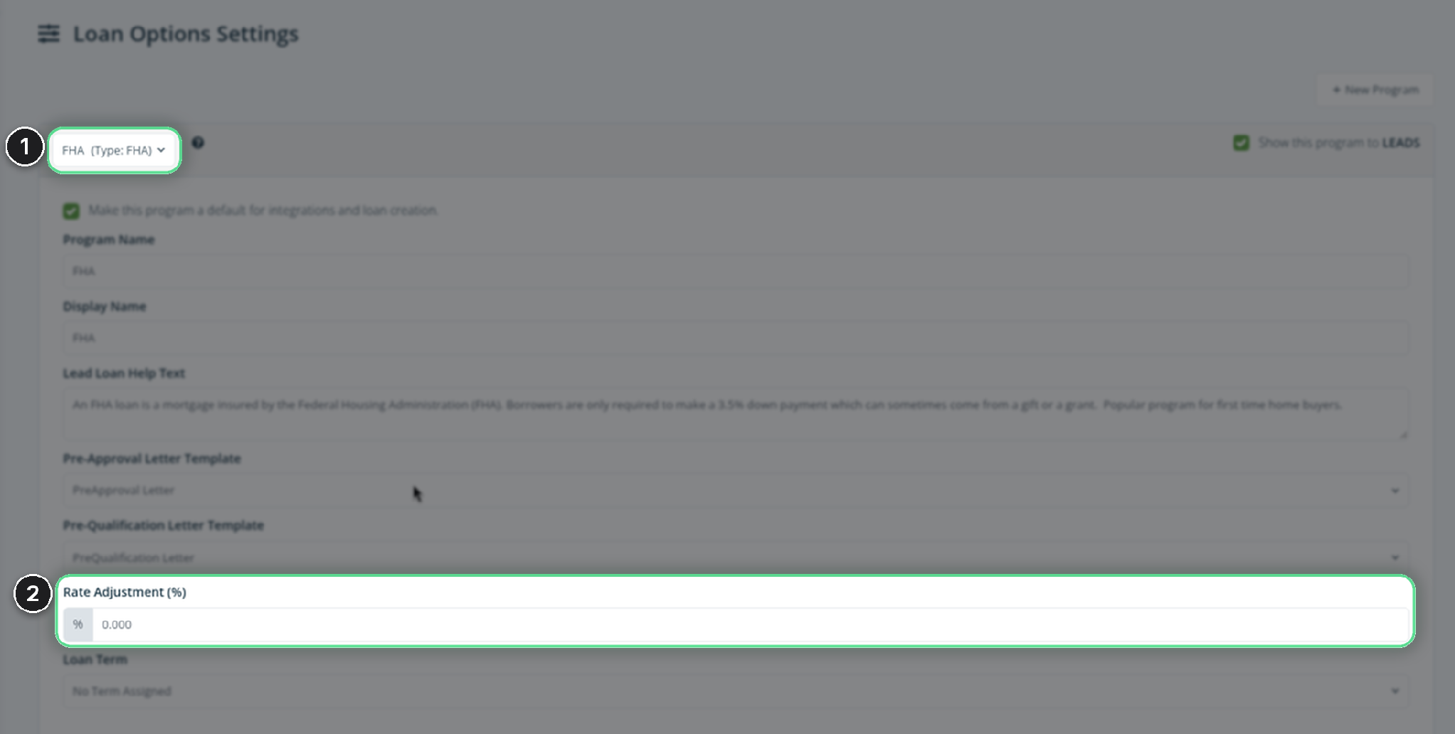 The Edit Default Loan Programs page with the program drop-down and the Rate Adjustment (%) field