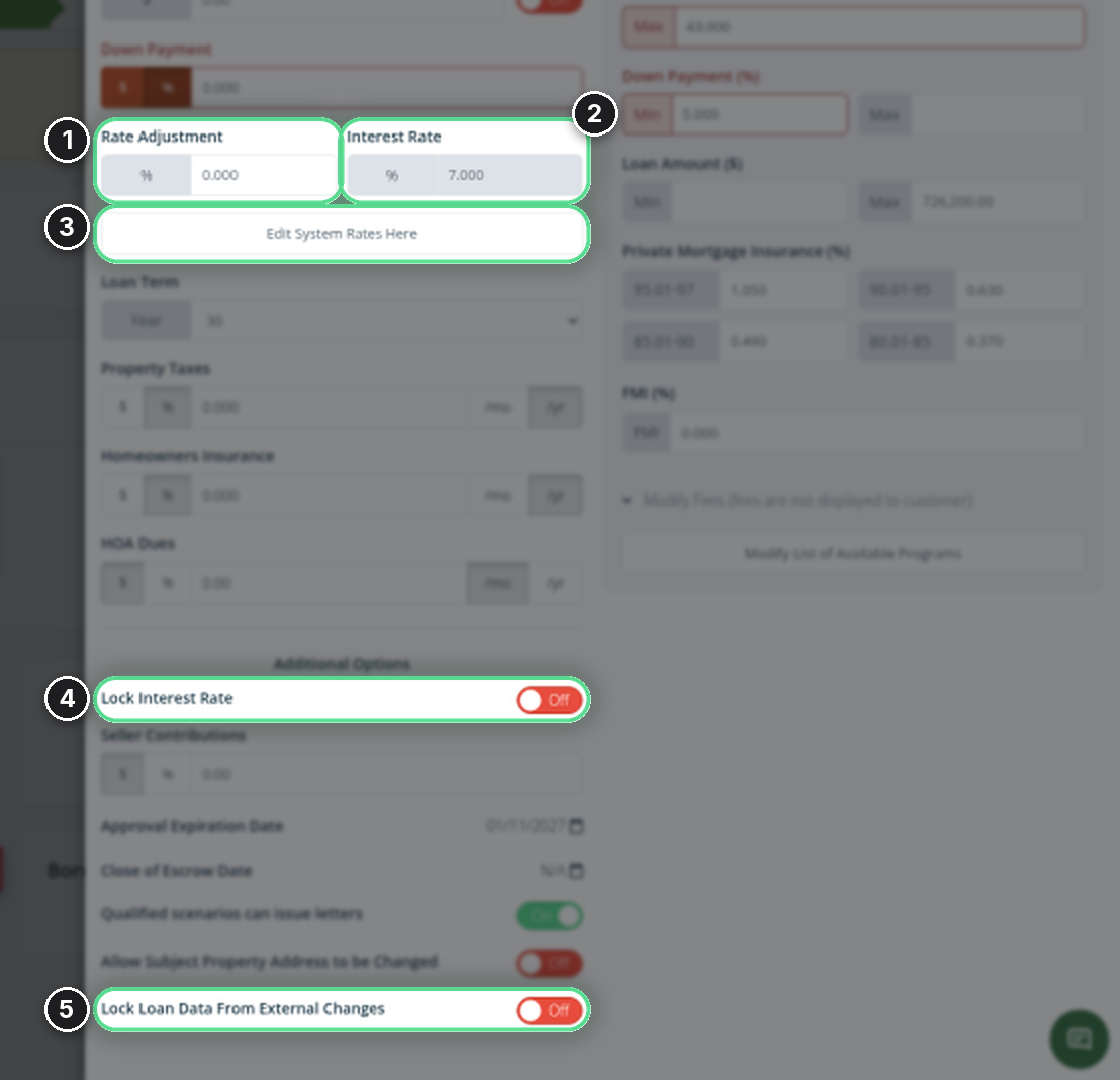 The Loan Officer Approved Scenario showing Rate Adjustment, Interest Rate, the Edit System Rates Here button, and the Lock Interest Rate and Lock Loan Data From External Changes options