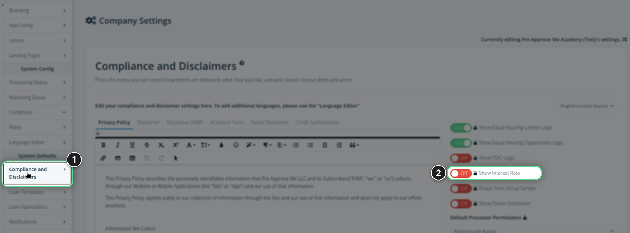The Compliance and Disclaimers settings page with the Show Interest Rate toggle